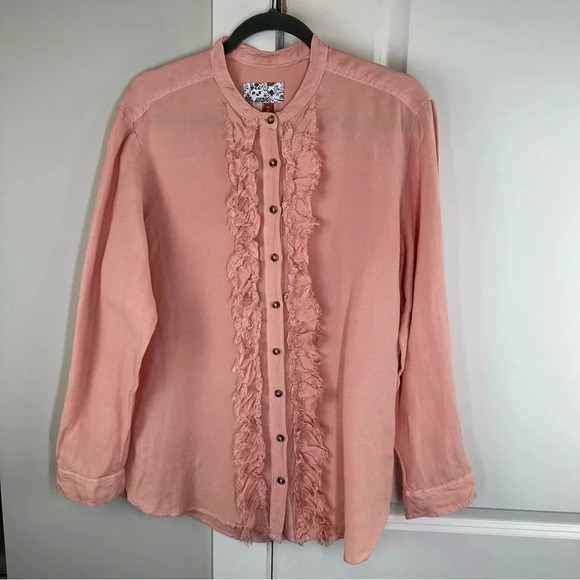 PILCRO Anthropologie Peach‎ Button Linen Blend Ruffle Front Blouse Size Medium - Picture 1 of 8